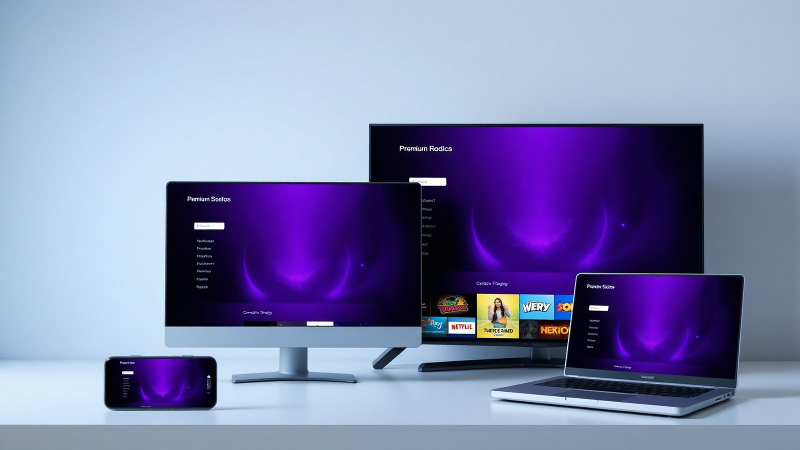 Phone, tablet, laptop and smart TV showing the same premium IPTV interface in purple-blue neon glow