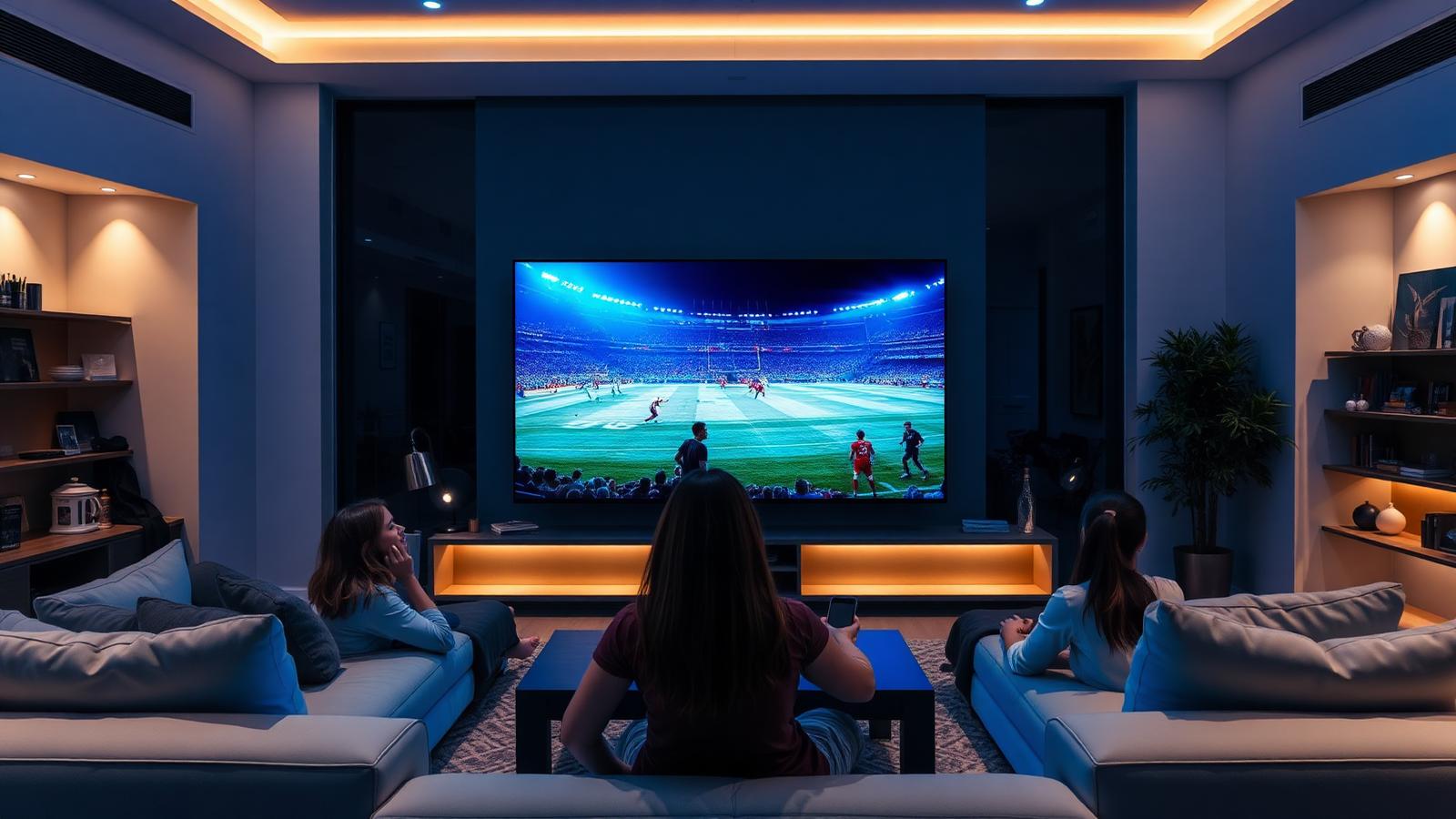Family in a modern living room watching a giant 4K sports stream on an OLED TV with cinematic blue ambient light